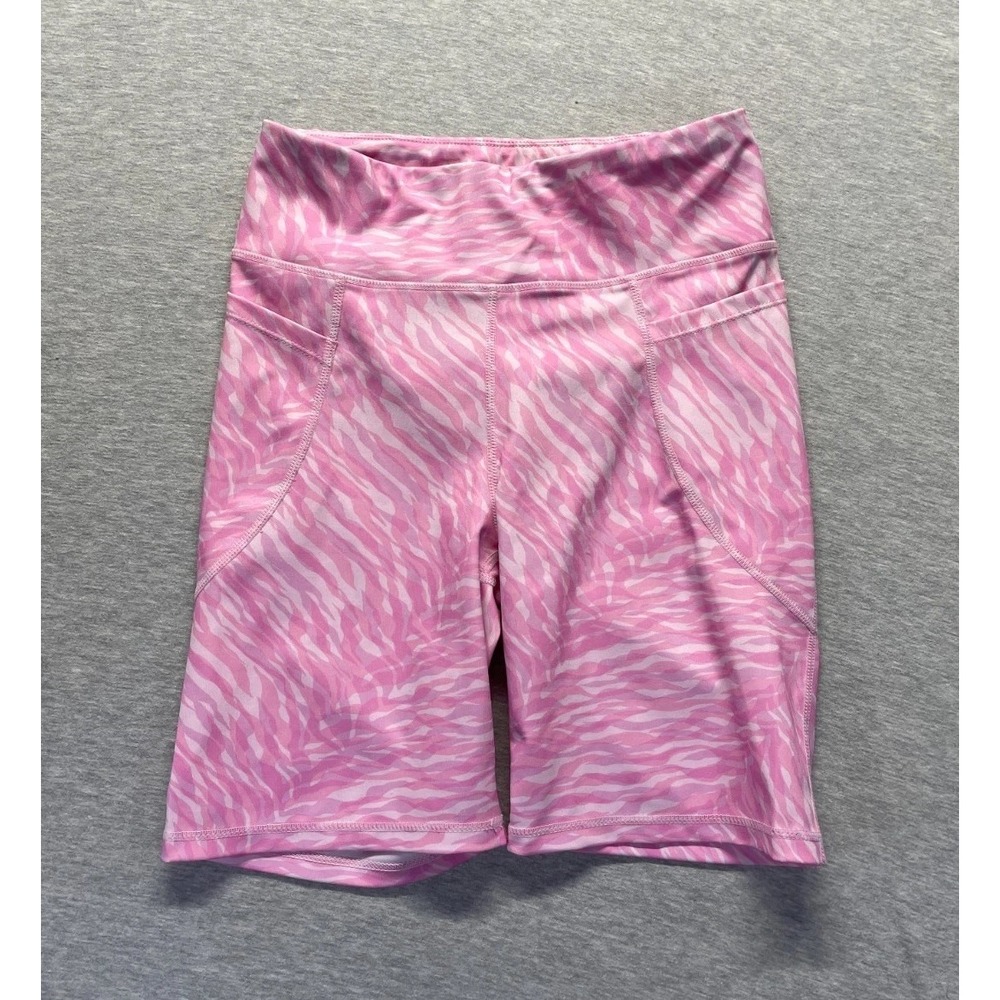 Bebe Sport Biker Shorts Womens Large Pink Zebra Print Logo Pull On Gym Training
